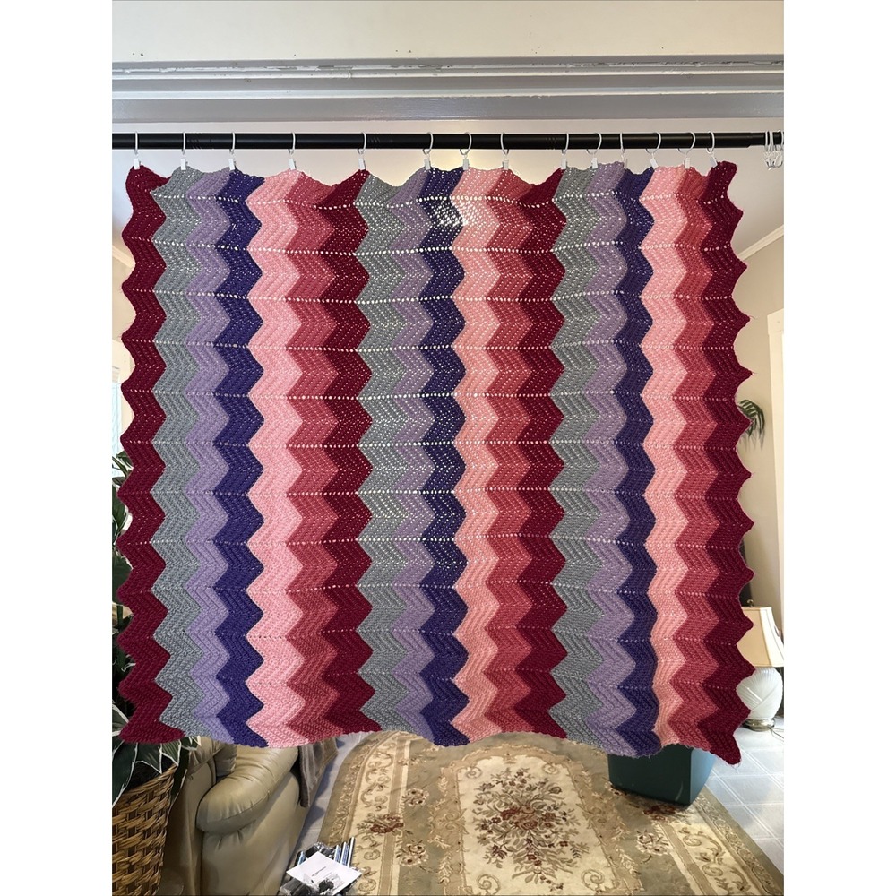 Vintage Retro Zigzag Afghan Throw Blanket Hand Knitted Med. 41X53"Multicolor.